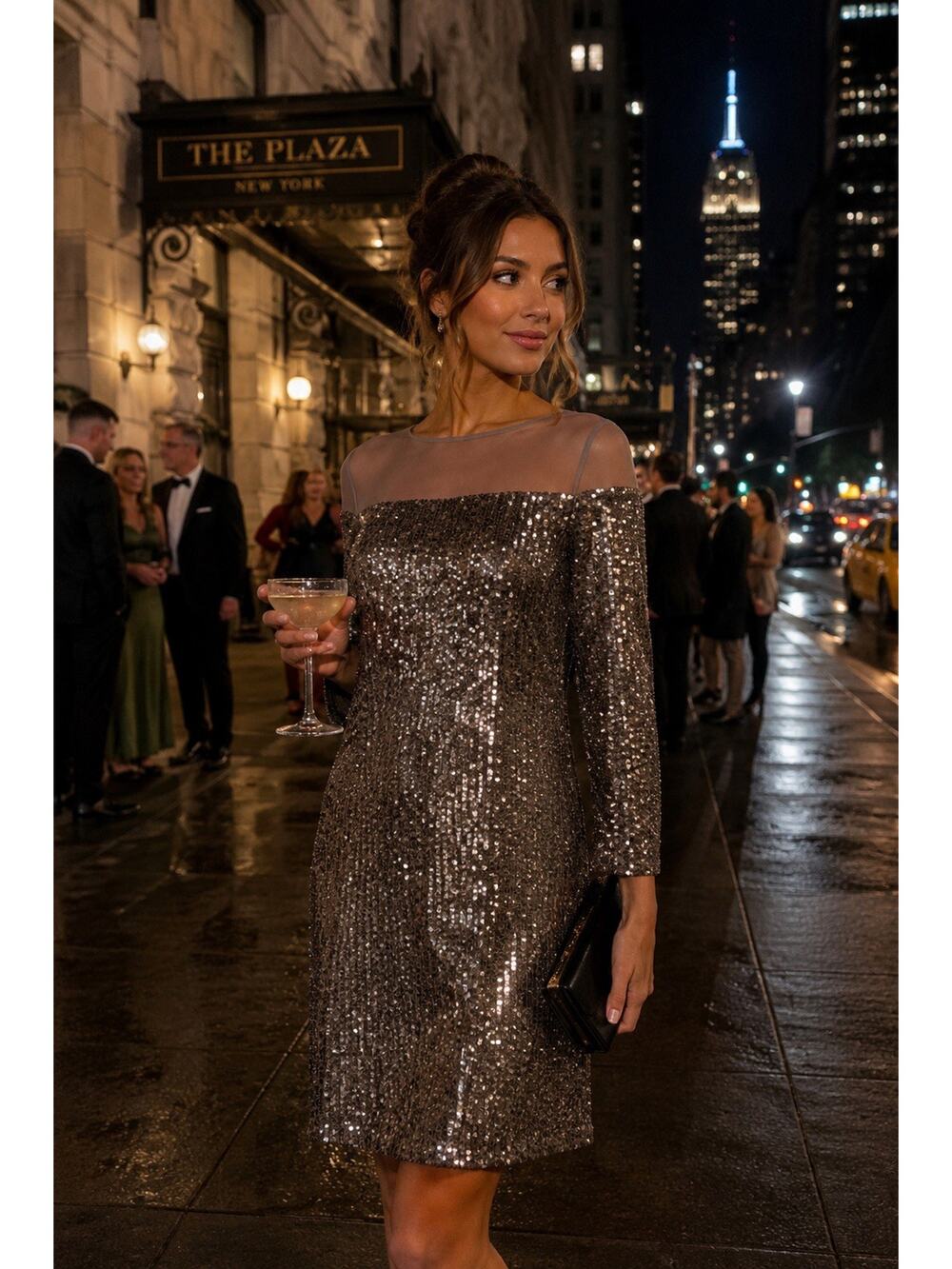 R&M Richards Mocha Sequin Illusion Neck Sheath Dress Cocktail Luxe NWT Sz 6